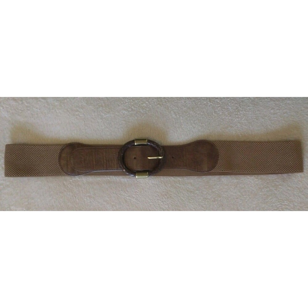 Wide Elastic Cinch Waist Belt Brown Gold Brass Buckle Accent Plus Size 18/20 Wmn